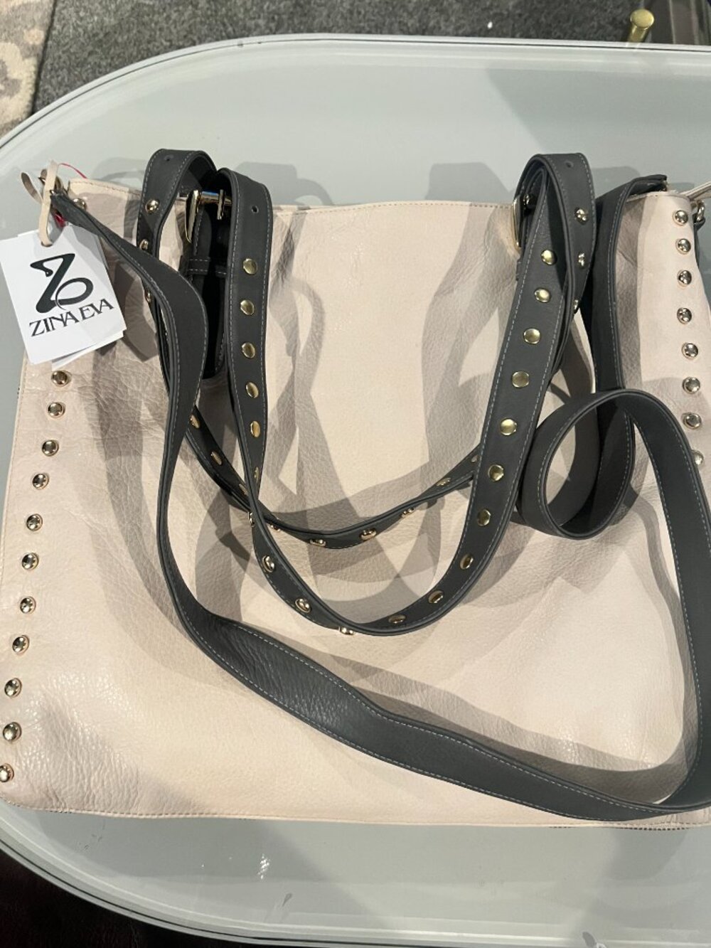 NWT Zina Eva Cream Leather Studded Convertible Tote Crossbody Bag